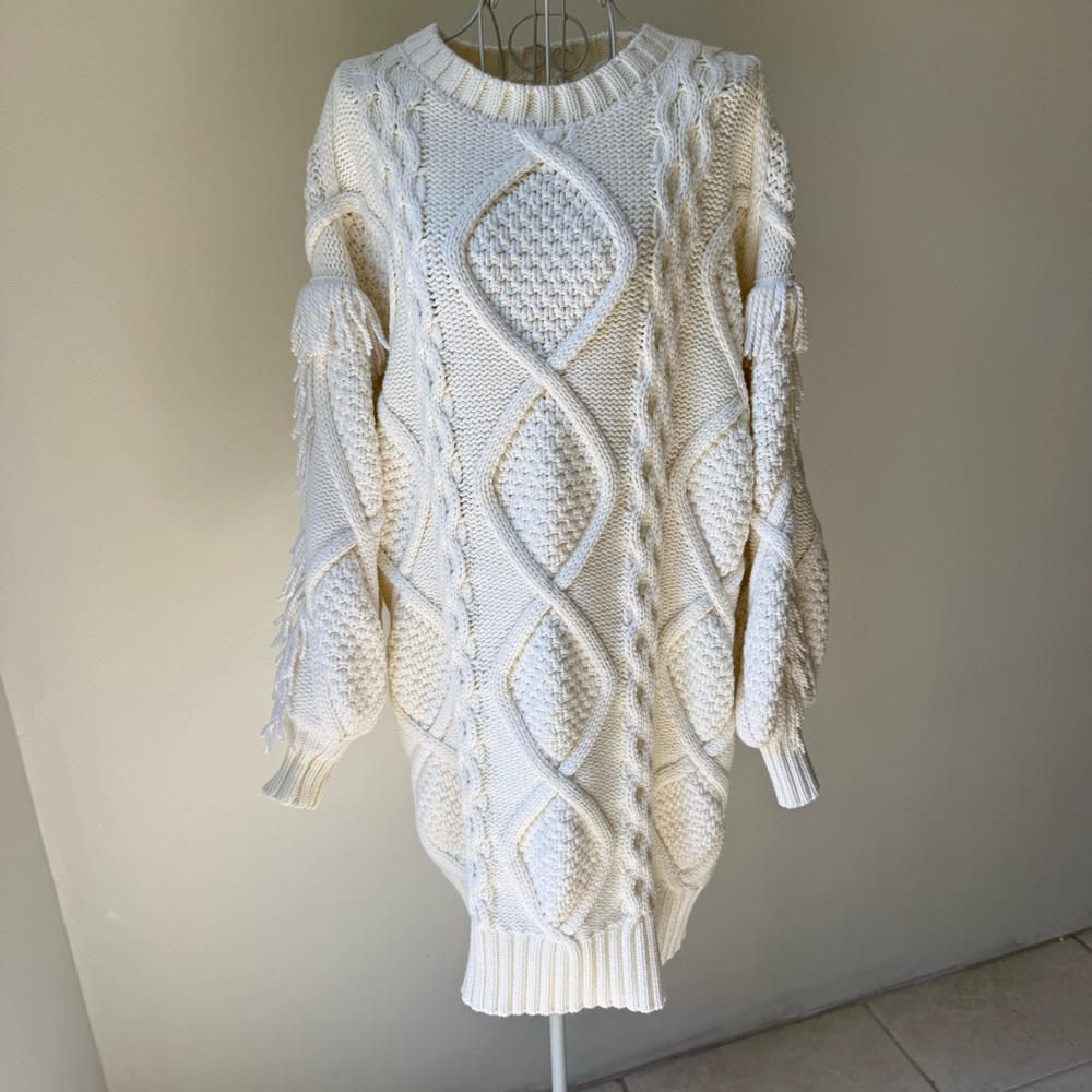 Line & Dot Jasper Fringe Cable Knit Sweater Dress Ivory Chunky L